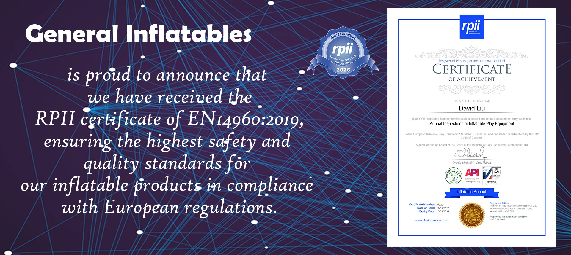 we have received the RPI certificate of EN14960:2019, ensuring the highest safety and quality standards for our inflatable products in compliance with European regulations.